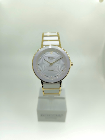 Goldfarbende Titan Damenuhr Boccia Ceramic Weiß 3331-05